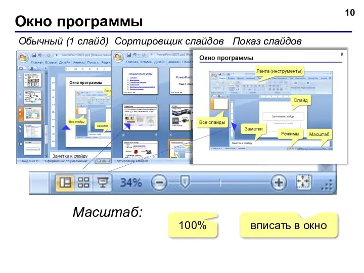 Окно программы Обычный (1 слайд) Сортировщик слайдов Показ слайдов Масштаб: 100% вписать в окно