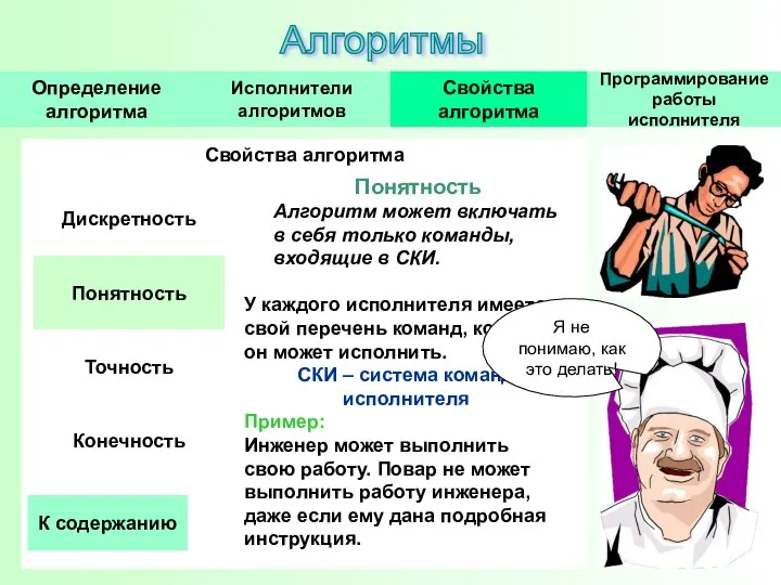 Свойства алгоритма Понятность Алгоритм может включать в себя только команды, входящие