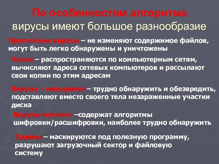 По особенностям алгоритма вирусы имеют большое разнообразие Простейшие вирусы – не