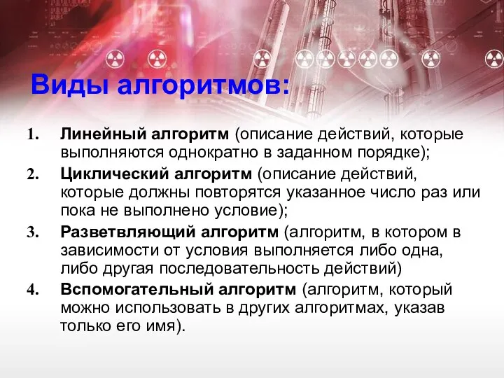 Виды алгоритмов: Линейный алгоритм (описание действий, которые выполняются однократно в заданном