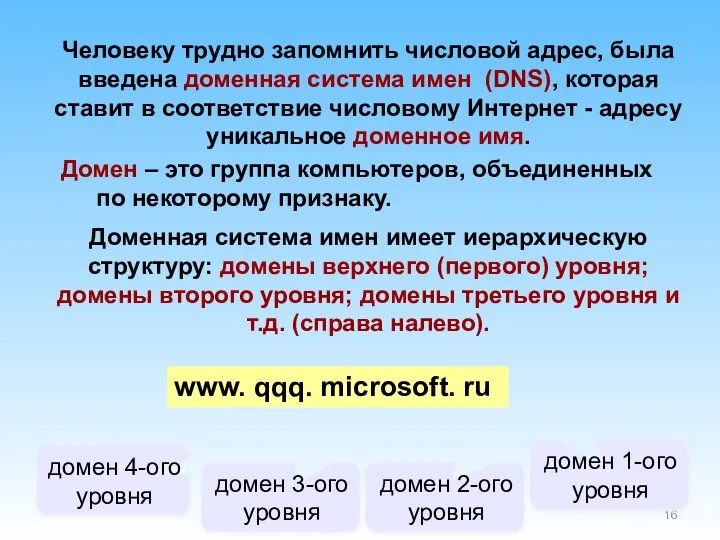 Человеку трудно запомнить числовой адрес, была введена доменная система имен (DNS),