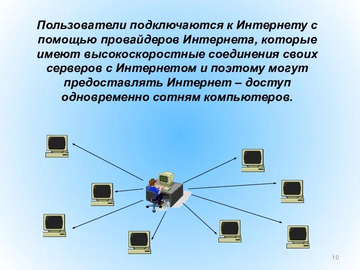 Пользователи подключаются к Интернету с помощью провайдеров Интернета, которые имеют высокоскоростные