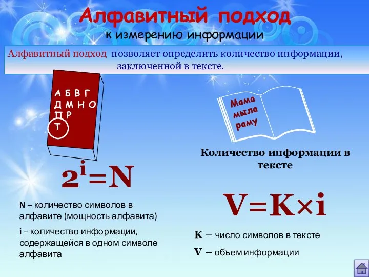 Алфавитный подход к измерению информации Алфавитный подход позволяет определить количество информации,