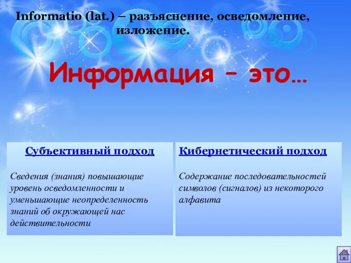 Информация – это… Informatio (lat.) – разъяснение, осведомление, изложение. Субъективный подход