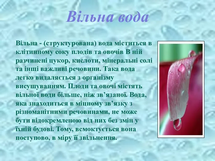 Вільна вода Вільна - (структурована) вода міститься в клітинному соку плодів