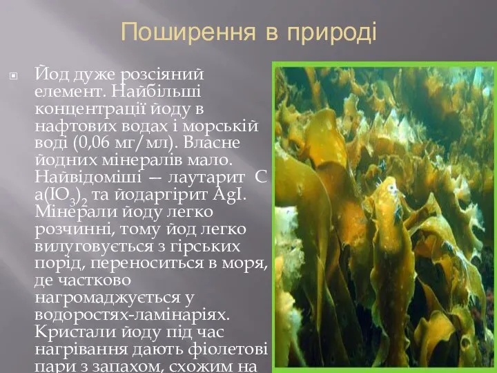 Поширення в природі Йод дуже розсіяний елемент. Найбільші концентрації йоду в