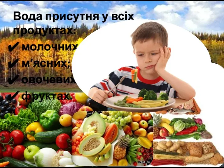 Вода присутня у всіх продуктах: молочних; м’ясних; овочевих; фруктах.