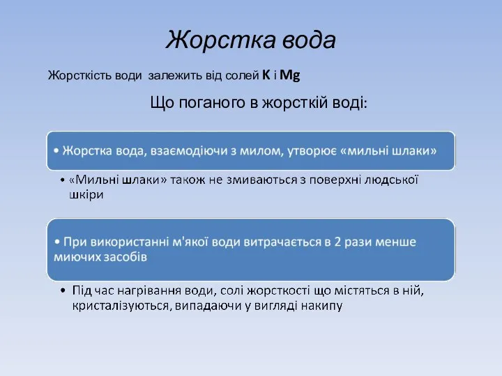 Жорстка вода Жорсткість води залежить від солей K і Mg Що поганого в жорсткій воді: