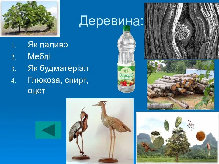 Деревина: Як паливо Меблі Як будматеріал Глюкоза, спирт, оцет