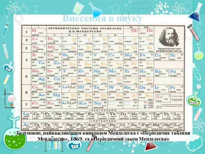 Внесення в науку Безумовно, найважливішим винаходом Менделеєва є «Періодична таблиця Менделеєва», 1869. та «Періодичний закон Менделеєва»