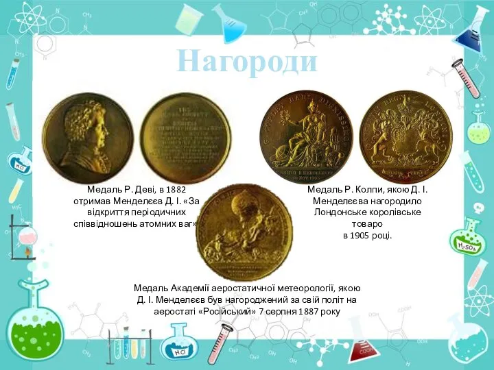 Нагороди Медаль Р. Деві, в 1882 отримав Менделєєв Д. І. «За