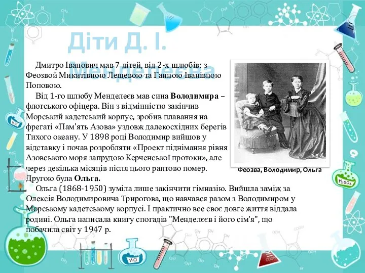 Діти Д. І. Менделеєва Дмитро Іванович мав 7 дітей, від 2-х