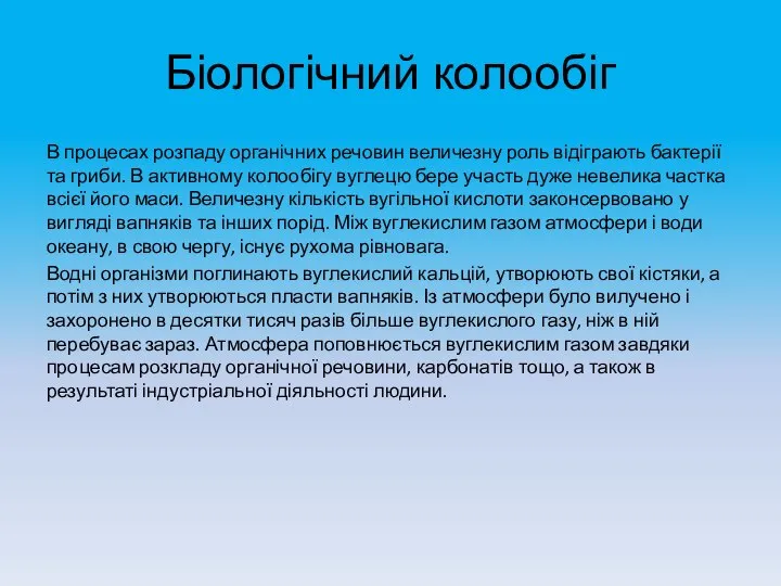 Біологічний колообіг В процесах розпаду органічних речовин величезну роль відіграють бактерії