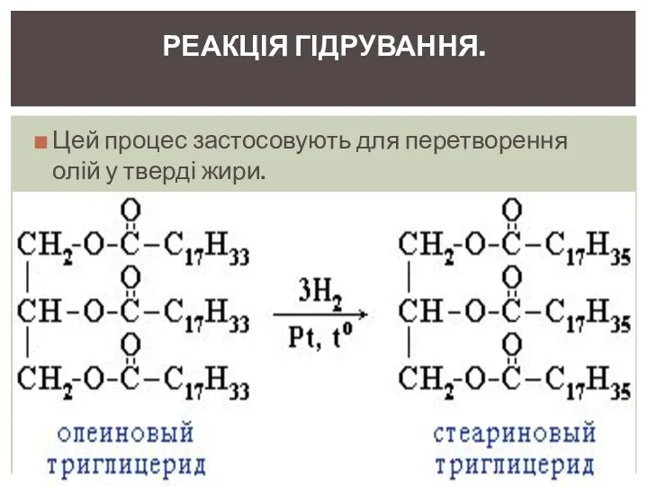 Цей процес застосовують для перетворення олій у тверді жири. Реакція гідрування.