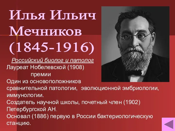 Илья Ильич Мечников (1845-1916) Российский биолог и патолог Лауреат Нобелевской (1908)