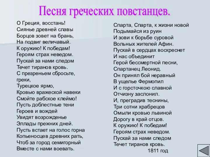 О Греция, восстань! Сиянье древней славы Борцов зовет на брань, На