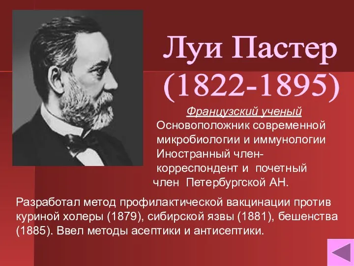 Луи Пастер (1822-1895) Французский ученый Основоположник современной микробиологии и иммунологии Иностранный