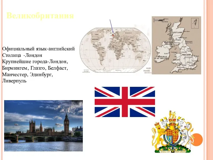 Великобритания Официальный язык-английский Столица -Лондон Крупнейшие города-Лондон, Бирмингем, Глазго, Белфаст, Манчестер, Эдинбург, Ливерпуль