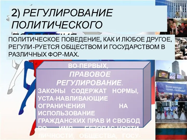 2) Регулирование политического поведения. ПОЛИТИЧЕСКОЕ ПОВЕДЕНИЕ, КАК И ЛЮБОЕ ДРУГОЕ, РЕГУЛИ-РУЕТСЯ