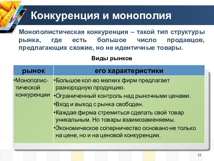 Конкуренция и монополия Монополистическая конкуренция – такой тип структуры рынка, где