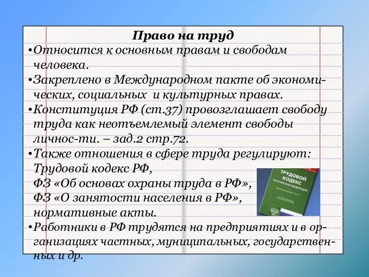 Право на труд Относится к основным правам и свободам человека. Закреплено