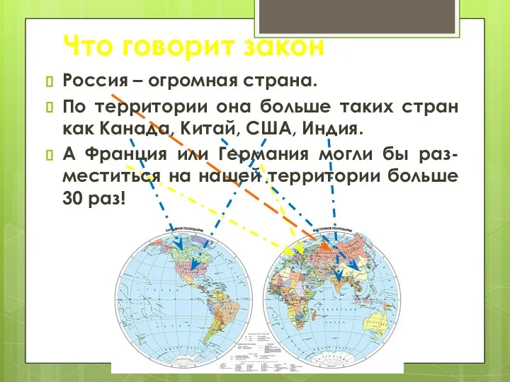 Что говорит закон Россия – огромная страна. По территории она больше