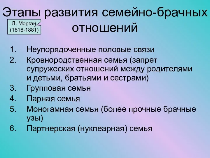 Этапы развития семейно-брачных отношений Неупорядоченные половые связи Кровнородственная семья (запрет супружеских