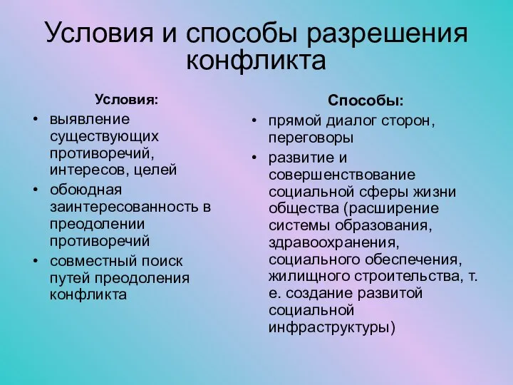 Условия и способы разрешения конфликта Условия: выявление существующих противоречий, интересов, целей