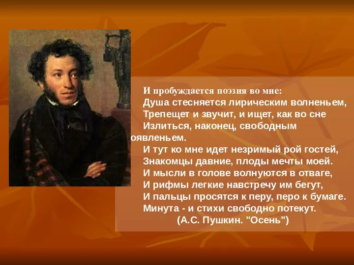 И пробуждается поэзия во мне: Душа стесняется лирическим волненьем, Трепещет и