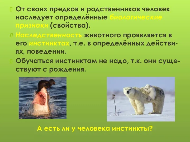 От своих предков и родственников человек наследует определённые биологические признаки (свойства).