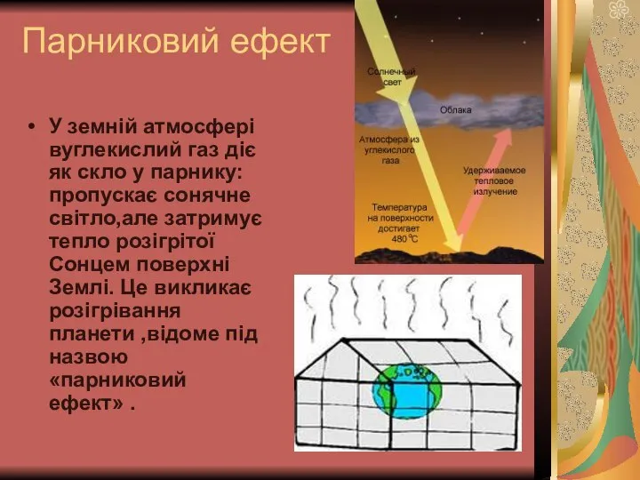 Парниковий ефект У земній атмосфері вуглекислий газ діє як скло у