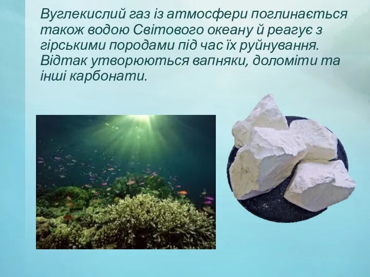 Вуглекислий газ із атмосфери поглинається також водою Світового океану й реагує