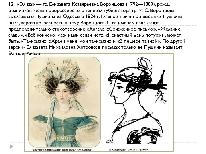 12. «Элиза» — гр. Елизавета Ксаверьевна Воронцова (1792—1880), рожд. Браницкая, жена