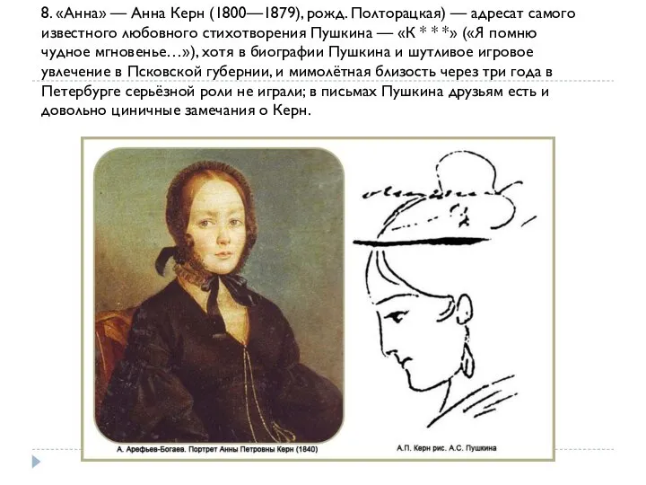 8. «Анна» — Анна Керн (1800—1879), рожд. Полторацкая) — адресат самого