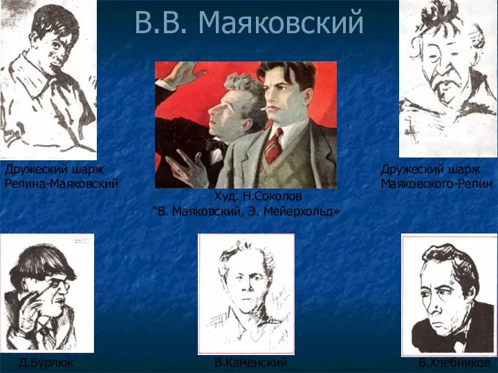 В.В. Маяковский Худ. Н.Соколов “В. Маяковский, Э. Мейерхольд» Дружеский шарж Репина-Маяковский