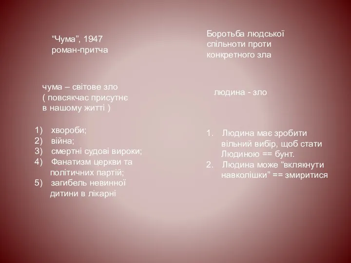 “Чума”, 1947 роман-притча Боротьба людської спільноти проти конкретного зла чума –