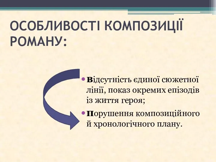 ОСОБЛИВОСТІ КОМПОЗИЦІЇ РОМАНУ: відсутність єдиної сюжетної лінії, показ окремих епізодів із