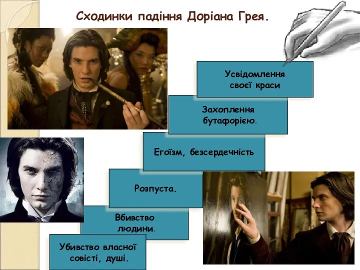 Сходинки падіння Доріана Грея. Вбивство людини. Розпуста. Егоїзм, безсердечність Захоплення бутафорією.