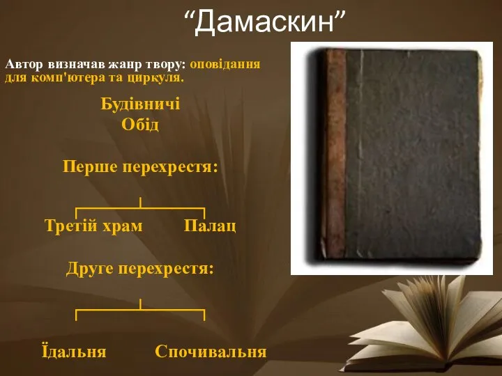 Автор визначав жанр твору: оповідання для комп'ютера та циркуля. Будівничі Обід