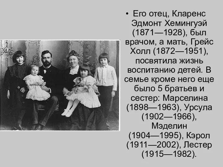 Его отец, Кларенс Эдмонт Хемингуэй (1871—1928), был врачом, а мать, Грейс