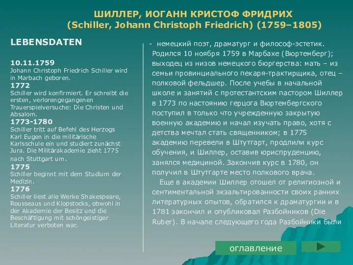 немецкий поэт, драматург и философ-эстетик. Родился 10 ноября 1759 в Марбахе