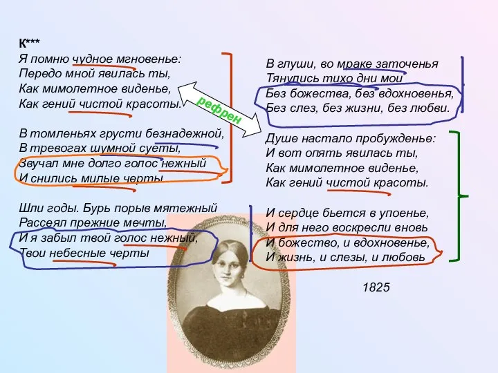 К*** Я помню чудное мгновенье: Передо мной явилась ты, Как мимолетное