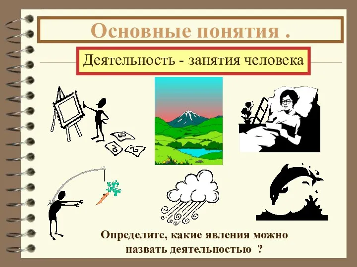 Деятельность - занятия человека Определите, какие явления можно назвать деятельностью ? Основные понятия .