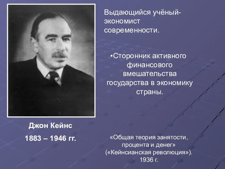 «Общая теория занятости, процента и денег» («Кейнсианская революция»). 1936 г. Джон