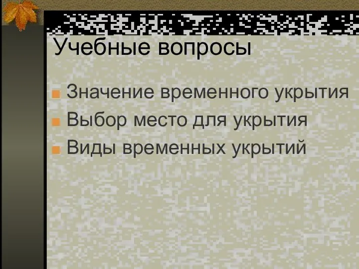 Учебные вопросы Значение временного укрытия Выбор место для укрытия Виды временных укрытий