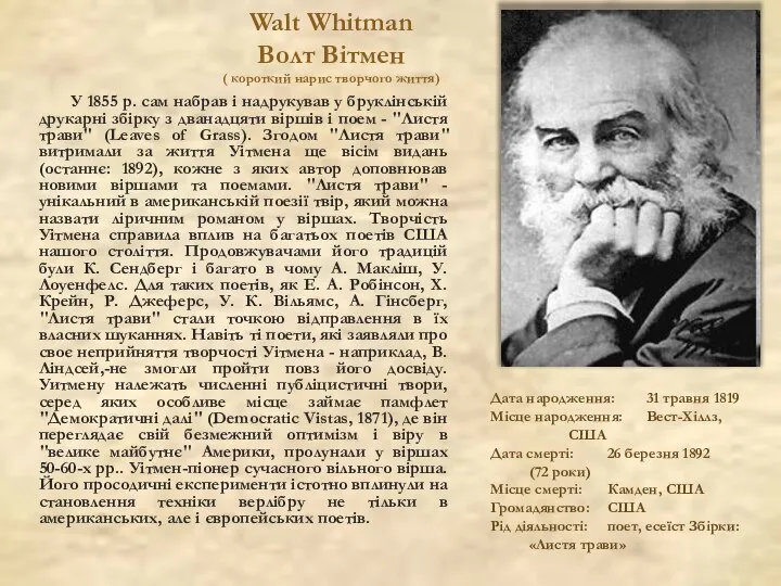 У 1855 р. сам набрав і надрукував у бруклінській друкарні збірку