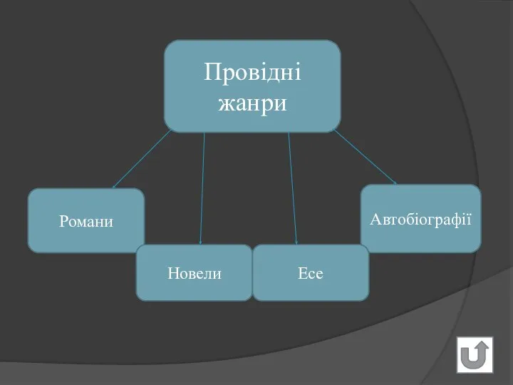 Провідні жанри Романи Автобіографії Новели Есе