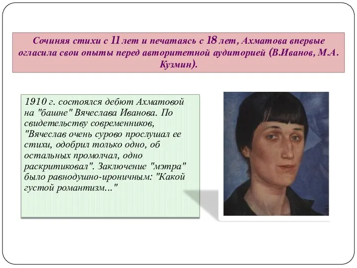 1910 г. состоялся дебют Ахматовой на "башне" Вячеслава Иванова. По свидетельству