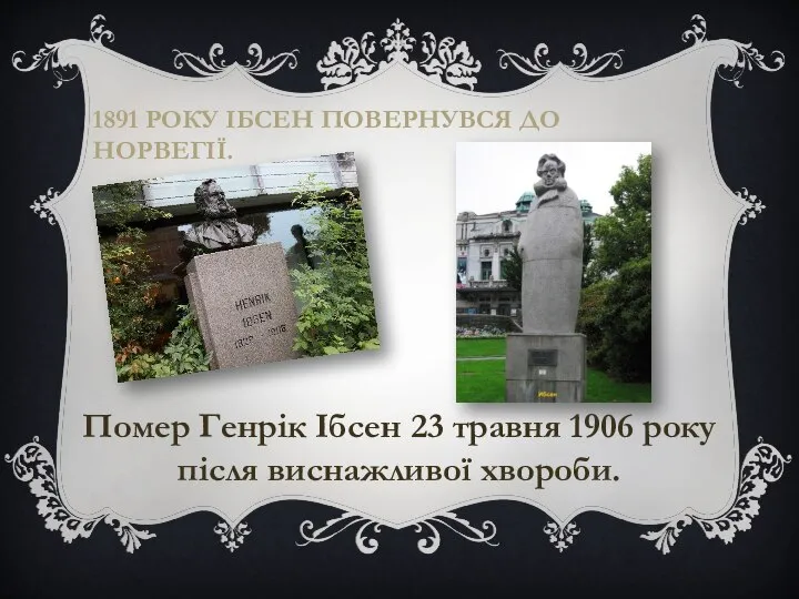 1891 року Ібсен повернувся до Норвегії. Помер Генрік Ібсен 23 травня 1906 року після виснажливої хвороби.