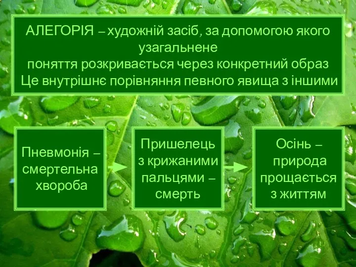 АЛЕГОРІЯ – художній засіб, за допомогою якого узагальнене поняття розкривається через